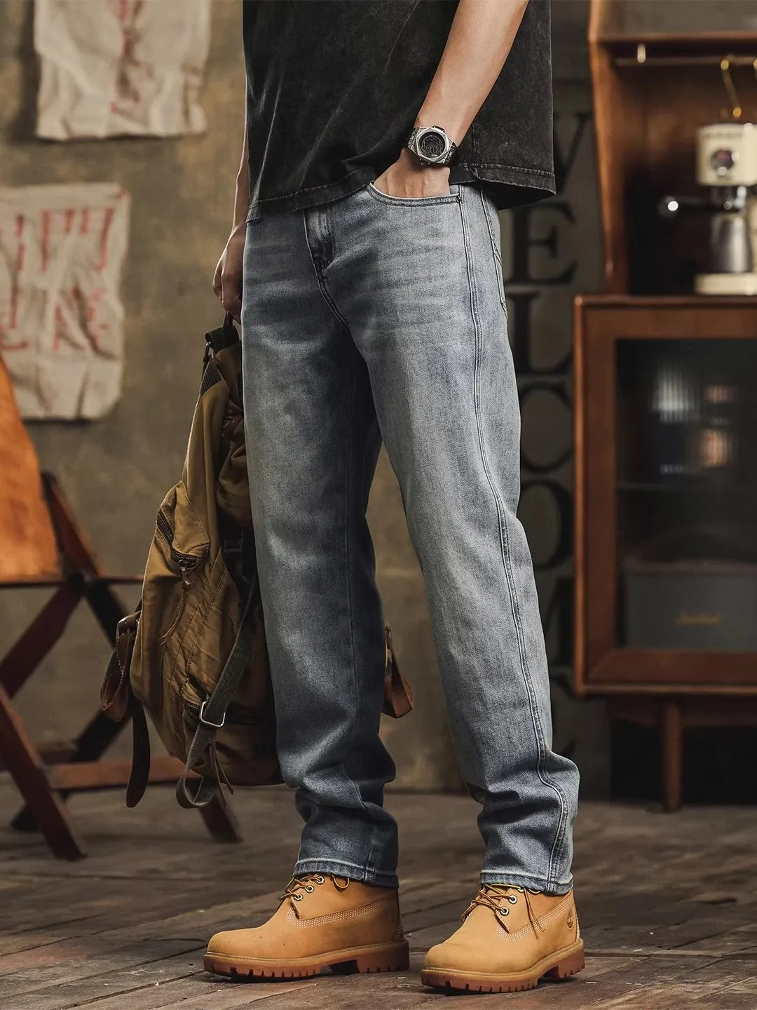 

Loose Fit Men's Jeans mid Waist Cleanfit Series Straight Leg Casual Trousers Light Blue Waed Spring Autumn New Sle