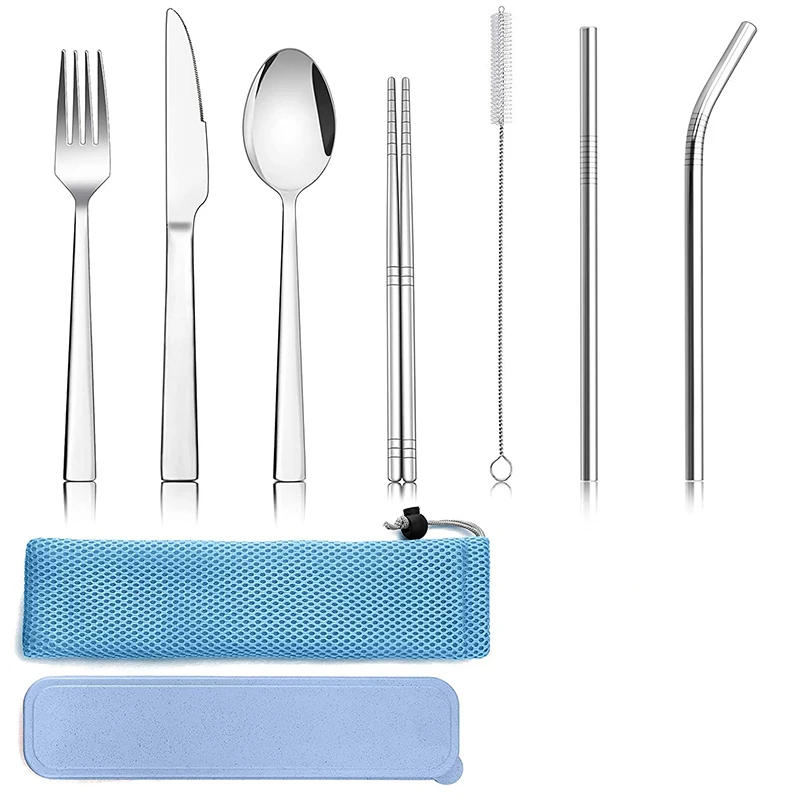 9 Piece Travel Cutlery Sets,Stainless Steel Camping Cutlery Set For 1,Including Silver Fork Knife Spoon,Chopsticks