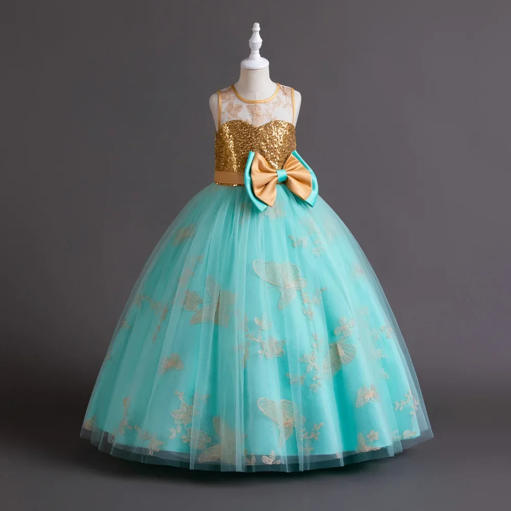 Vestidos de princesa con bordado de mariposa para niñas, vestidos con lazo de lentejuelas para dama de honor, boda, desfile, fiesta, vacaciones, graduación, 5-14 años