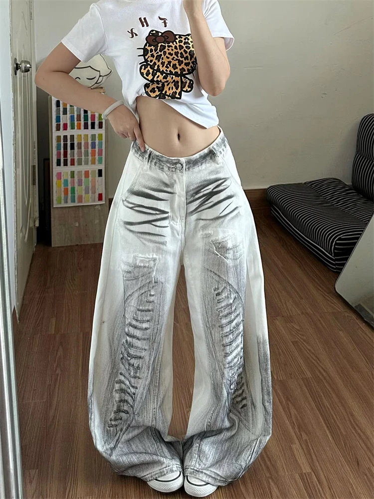 Women's Dirty White Hole Casual Pants 90s Y2k Unisex Street Bottoms Girl Wide Leg Sweatpants Female High Waist Trousers