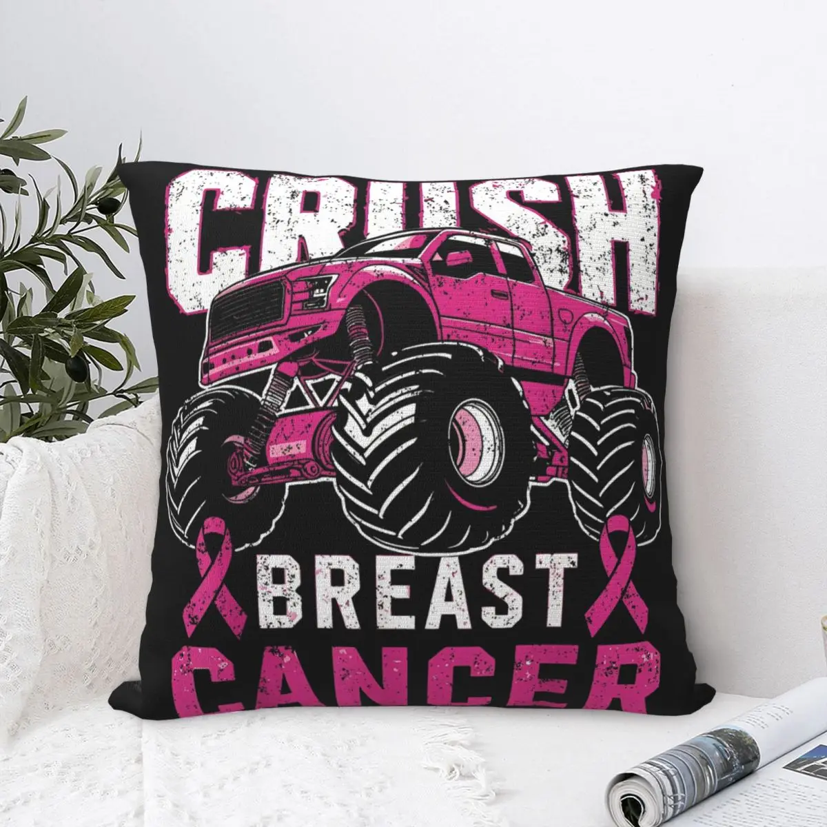 Monster Truck Pink Breast Cancer Awareness Square Pillow Case Decorative Pillow Customized Pillowcover Home Decor