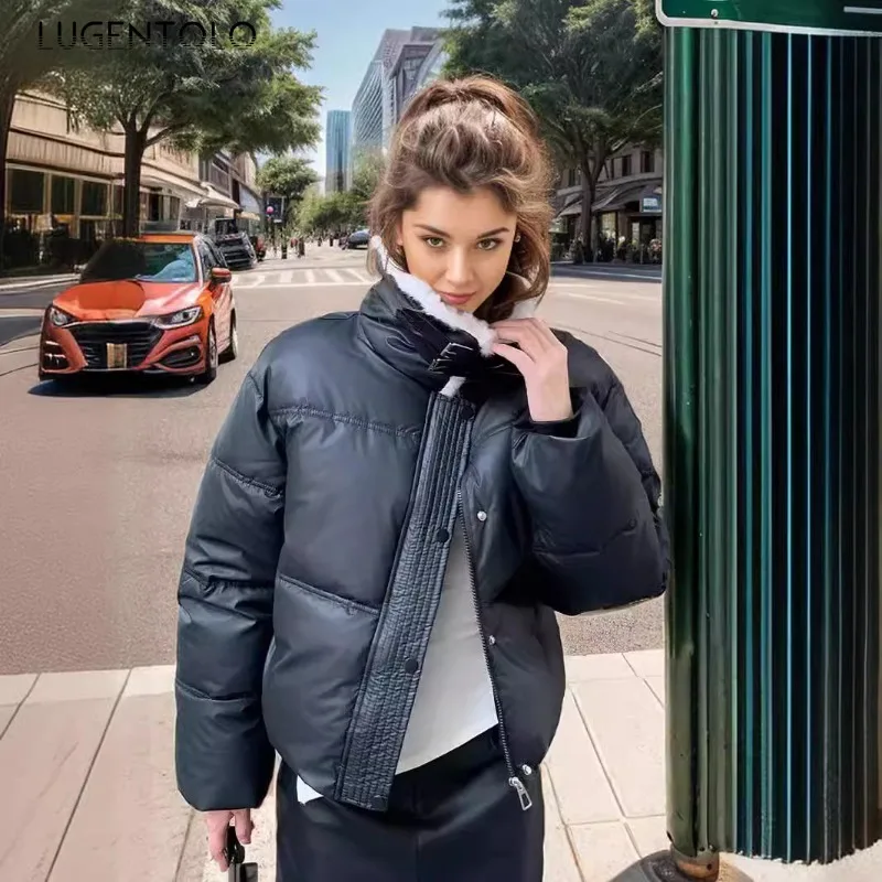 Women Casual Parkas Fall Winter 2025 Fashion Plush Stand Collar Thickened Down Cotton Coat Loose Warm Cropped Bread Jacket