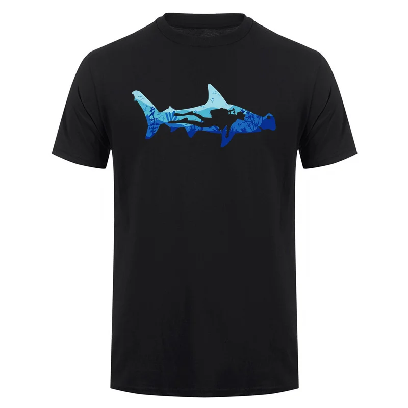 Hammerhead Shark Scuba Diver Diving T Shirt Graphic Printed Short Sleeve Cotton Outdoor Casual Summer Tshirt for Men DY-429