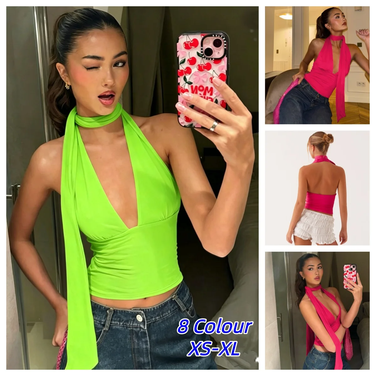 Y2K Retro Scarf Tank Tops Women Backless Sexy Streetwear Basic Vest Streamer Bib-style Deep V Hanging Neck Waist Short Camisole