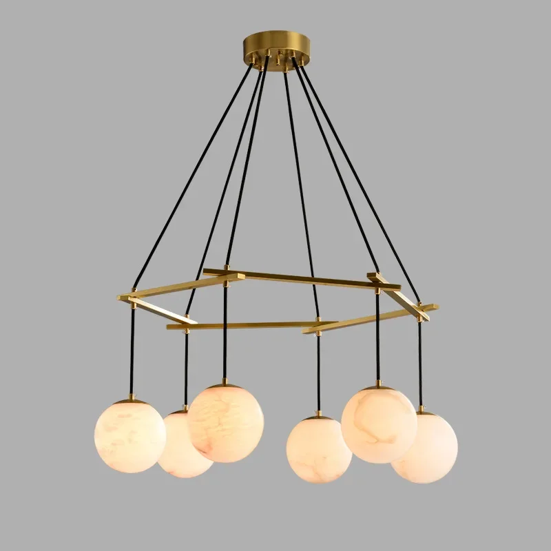 Natural Marble All Copper Pendant Light Modern and Minimalist Creative Villa Living Room Dining Room Bedroom Round Ball Light