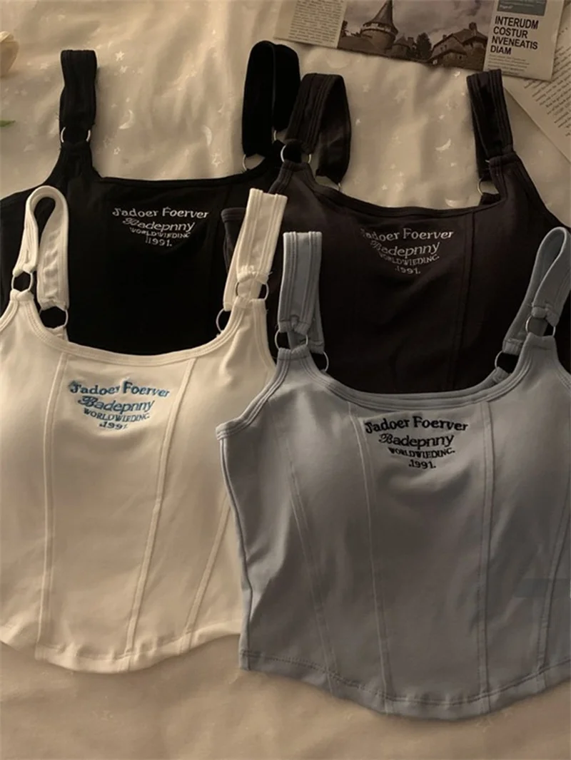 

Женская короткая майка-топ с подкладкой, без этикетки, в корейском стиле, облегающая, из смеси полиэстера и хлопка, весенняя коллекция