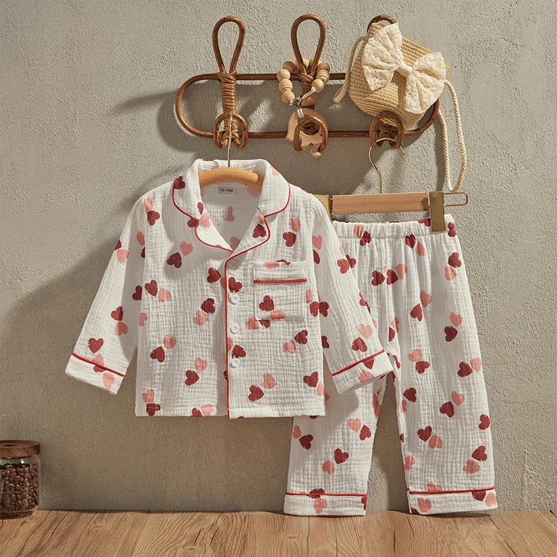 EWODOS Kids Girls Pajamas Set, Heart Print Long Sleeve Shirt with Elastic Waist Pants Cotton Sleepwear Baby Spring Clothes