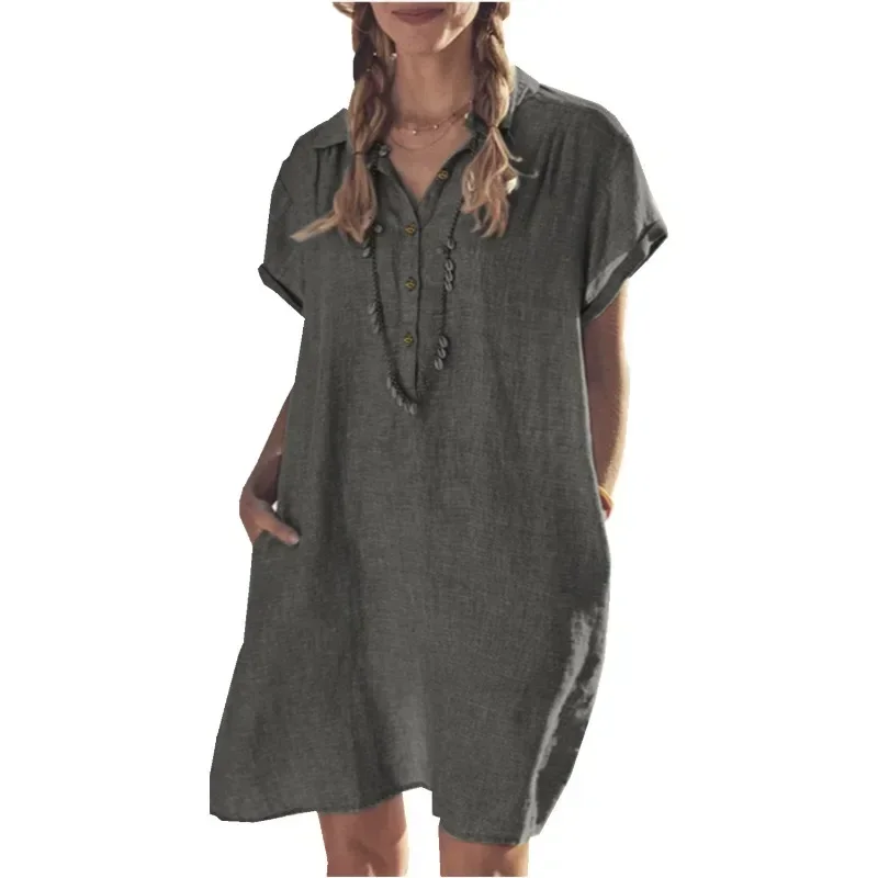 Women Summer Solid Color Cotton and Linen Short Sleeved Button Dress with Lapel Pockets  Loose Fitting Dress Beach Casual Dress