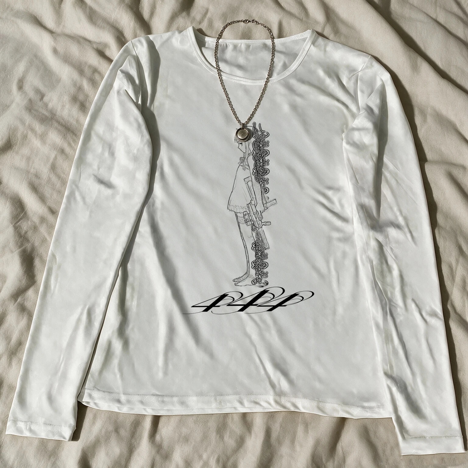 Y2K Grunge Long Sleeve T Shirt Women Angel Number Anime Girl Gun Sketch Print Top Harajuku Dark Aesthetic Slim Fit Streetwear Au
