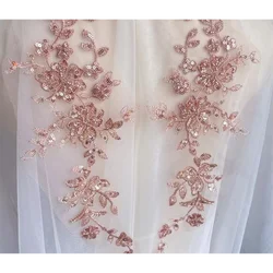 1Pair.32*14CM. Sequin Beaded Embroidery Lace Applique. Headwear DIY Lace Patches . Mirrored Flowers