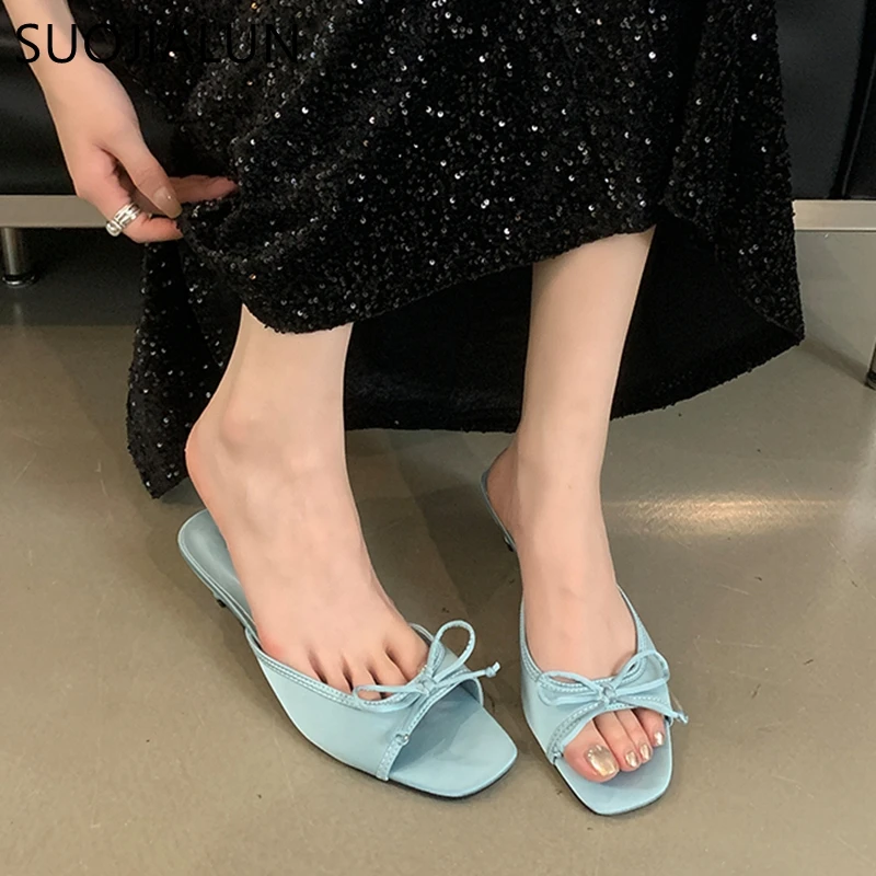 SUOJIALUN 2024 Summer New Brand Women Slipper Fashion Open Toe Slip On Ladies Elegant Slides Square Med Heel Dress Sandal Shoes