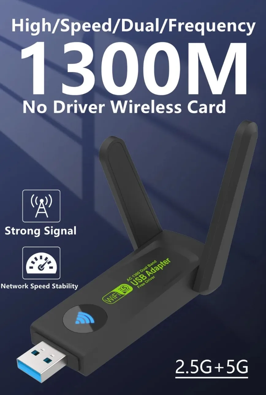 Adaptador WiFi inalámbrico USB 3,0, antenas duales 2Dbi de 1300Mbps, adaptador WiFi 5G/2,4G para PC de escritorio, portátil, adaptadores de red inalámbricos