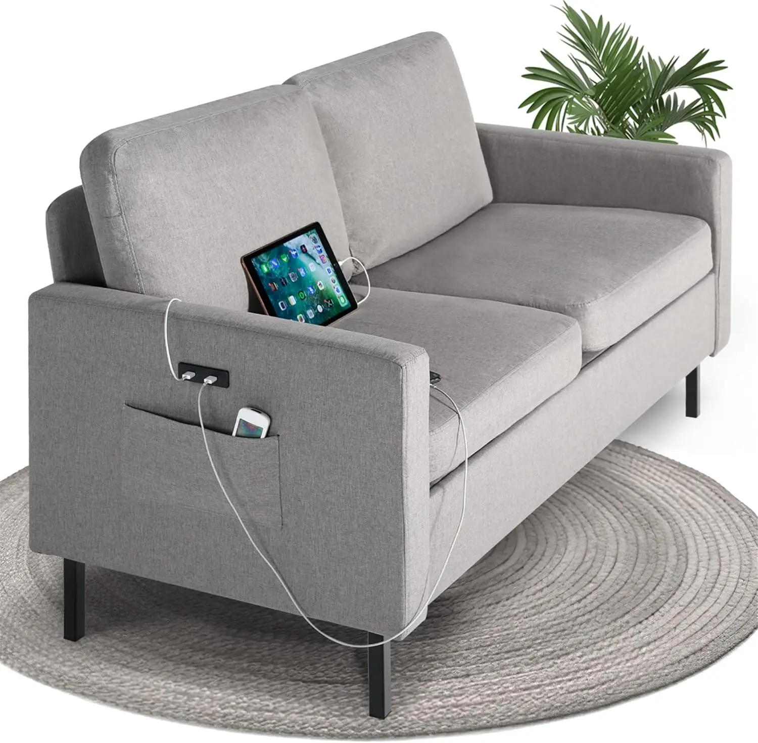 Luz cinza tecido Loveseat sofá, pequenos sofás para sala de estar, quarto, escritório, fácil montagem, almofada confortável, 2 USB, 56 "W