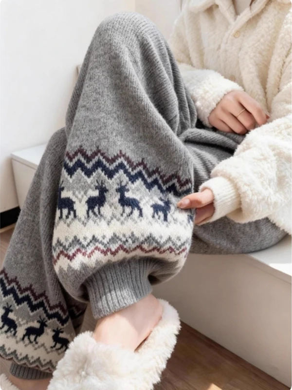 

Корейские серые вязаные брюки в стиле Fair Isle, осенне-зимние, теплые, с манжетами, повседневные, с высокой талией, с животным принтом, из другой ткани