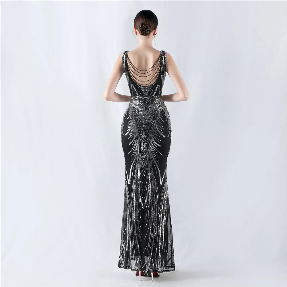 DEERVEADO Elegant Mermaid V Neck Evening Dress for Woman Backless Prom Party with Beads Formal Dress for Special Occasions