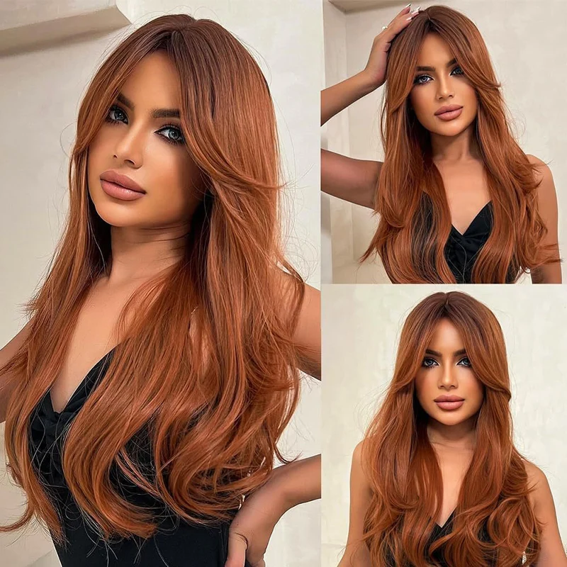 

Woman Fashion Clothing Match Big Wave Hairpiece Ball Evening Dress Dress Up Orange Wig Banquet Straight Bangs Long Curly Hair