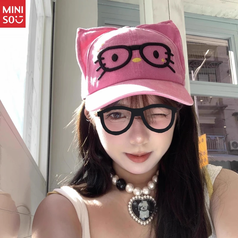 

Ярко-розовая бейсболка Miniso с кошачьими ушками и очками, солнцезащитная шляпа для похудения лица для девочек