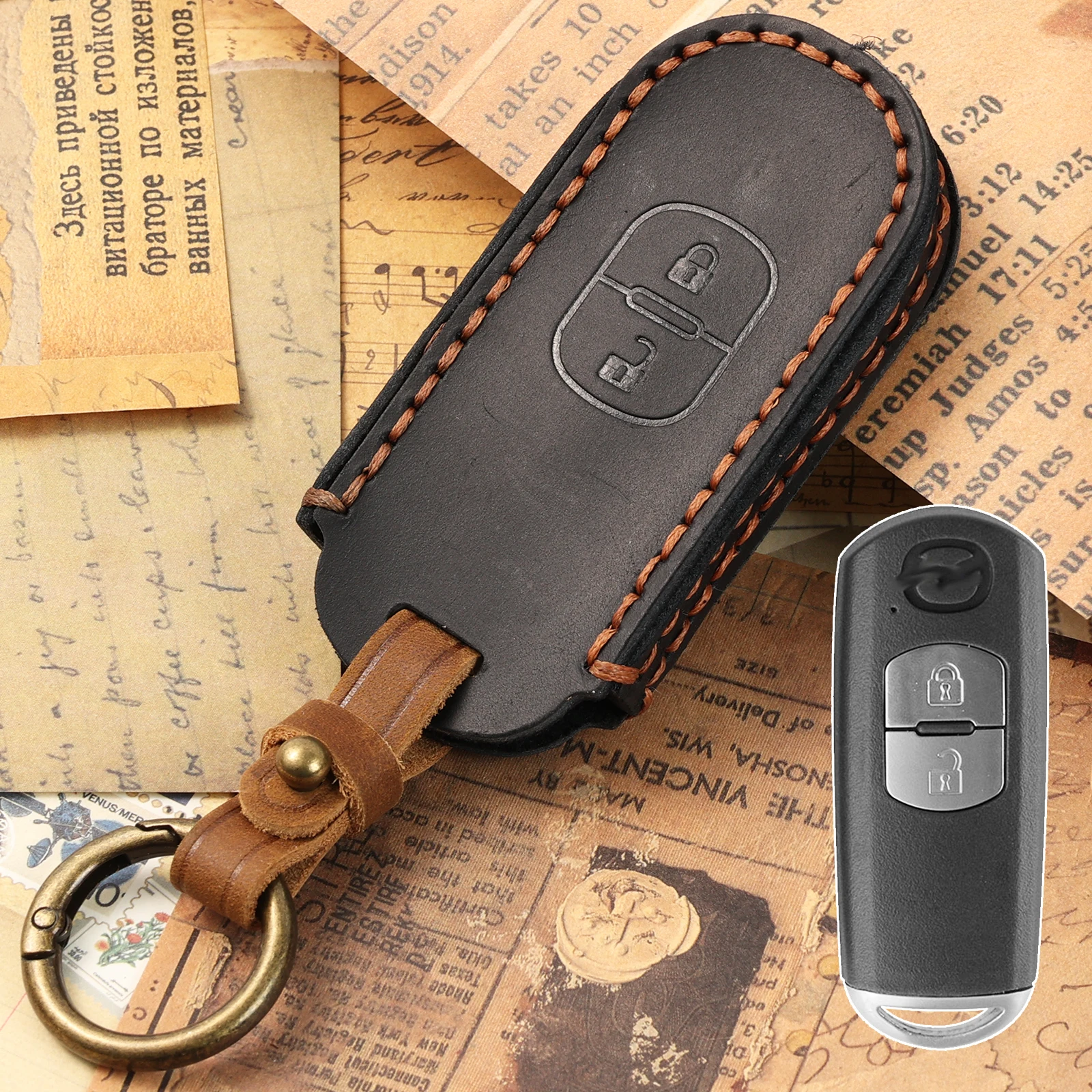 For Mazda 3 Hatch 6 Atenza Wagon Cx5 Cx9 Cx7 2017 2018 2 Button Genuine Leather Key Ring Chain Cover Shell Case Protector Holder