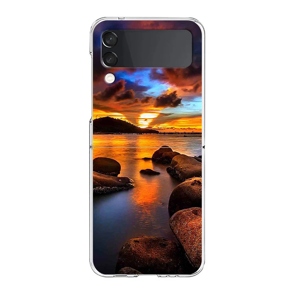 Beach Dusk Sky For Samsung Galaxy Z flip 4 Bag Transparent Phone Cover For Galaxy Z Flip 3 Case Shockproof Hard PC Shell Capas