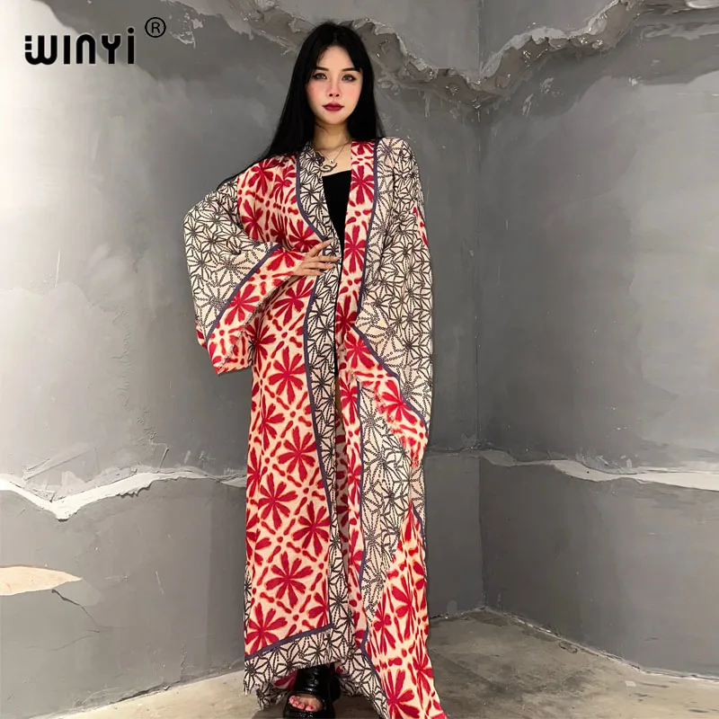 WINYI kimono boho print beach outfits for women cover-up long coat elegant Africa coat beach outfits for women cardigan dress