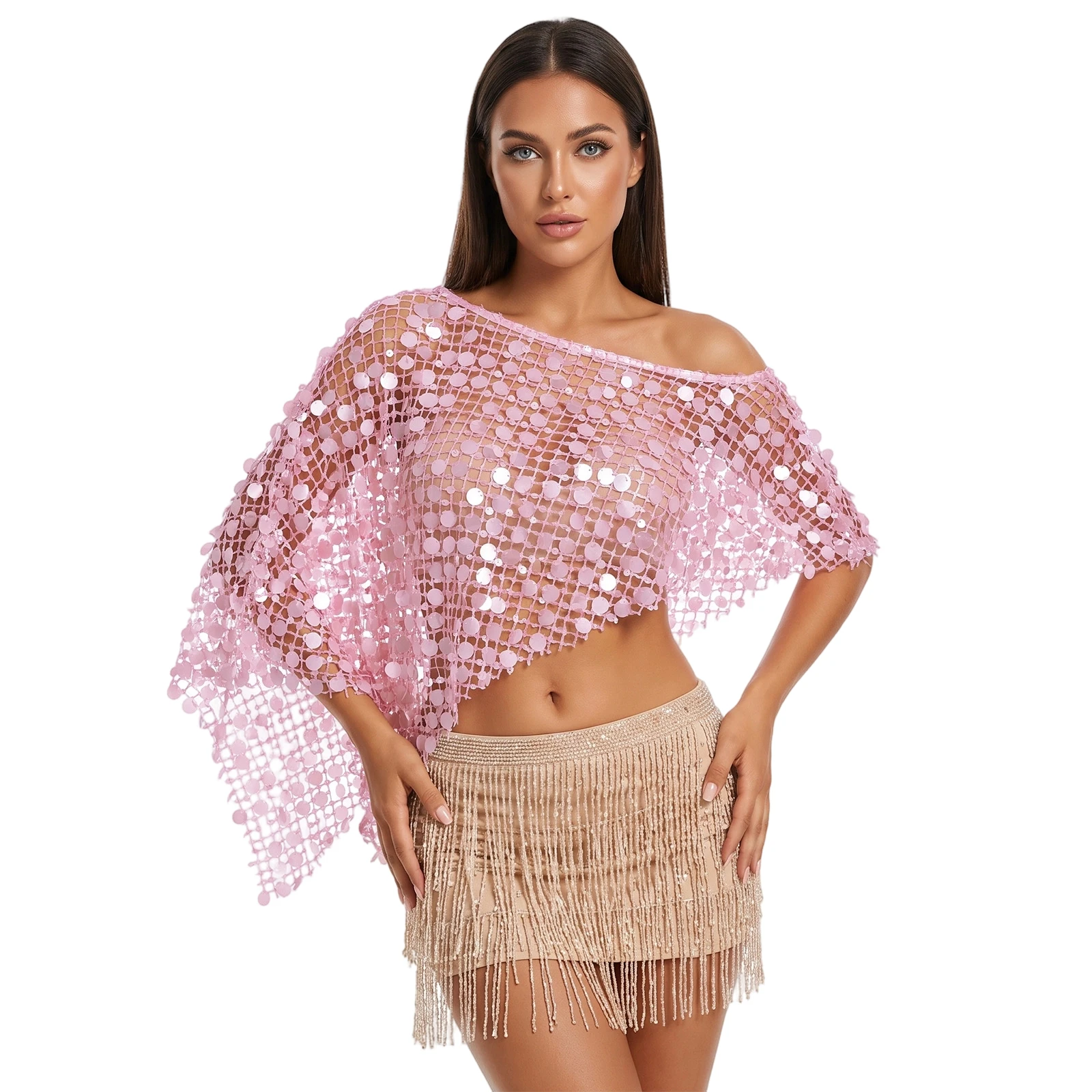Women's Poncho Shawl Boat Neck Sequin Decor Irregular Hem Draped Cover Up