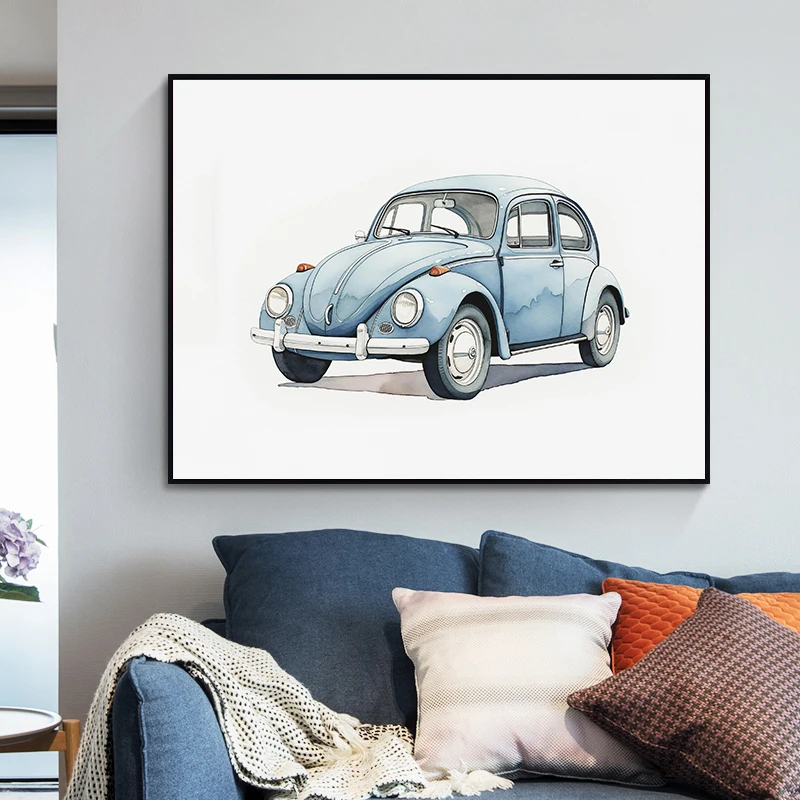 ملصقات سيارة كلاسيكية زرقاء فاتحة ، فن ألوان مائية للمركبات ، مطبوعات عتيقة ، لوحة قماشية ، صورة فنية جدارية ، غرفة معيشة ، ديكور منزلي