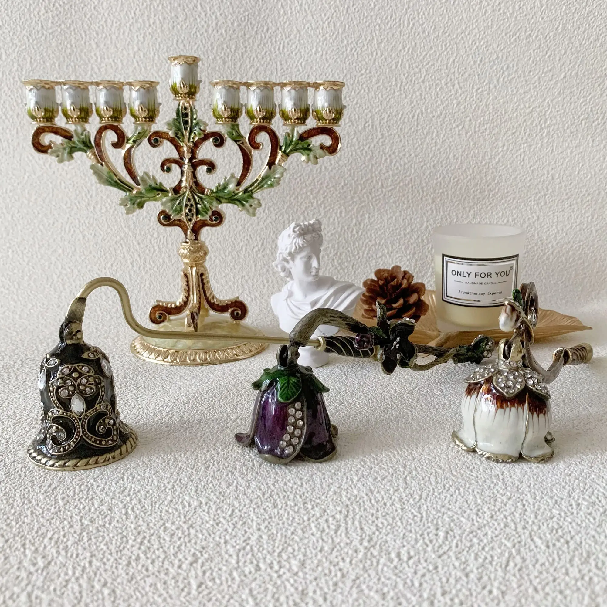 Vintage Judaica Candle Snuffer Enamel Rhinestone Long Handle Extinguisher Hanukkah Menorah Accessory Shabbat Holiday Gift Decor