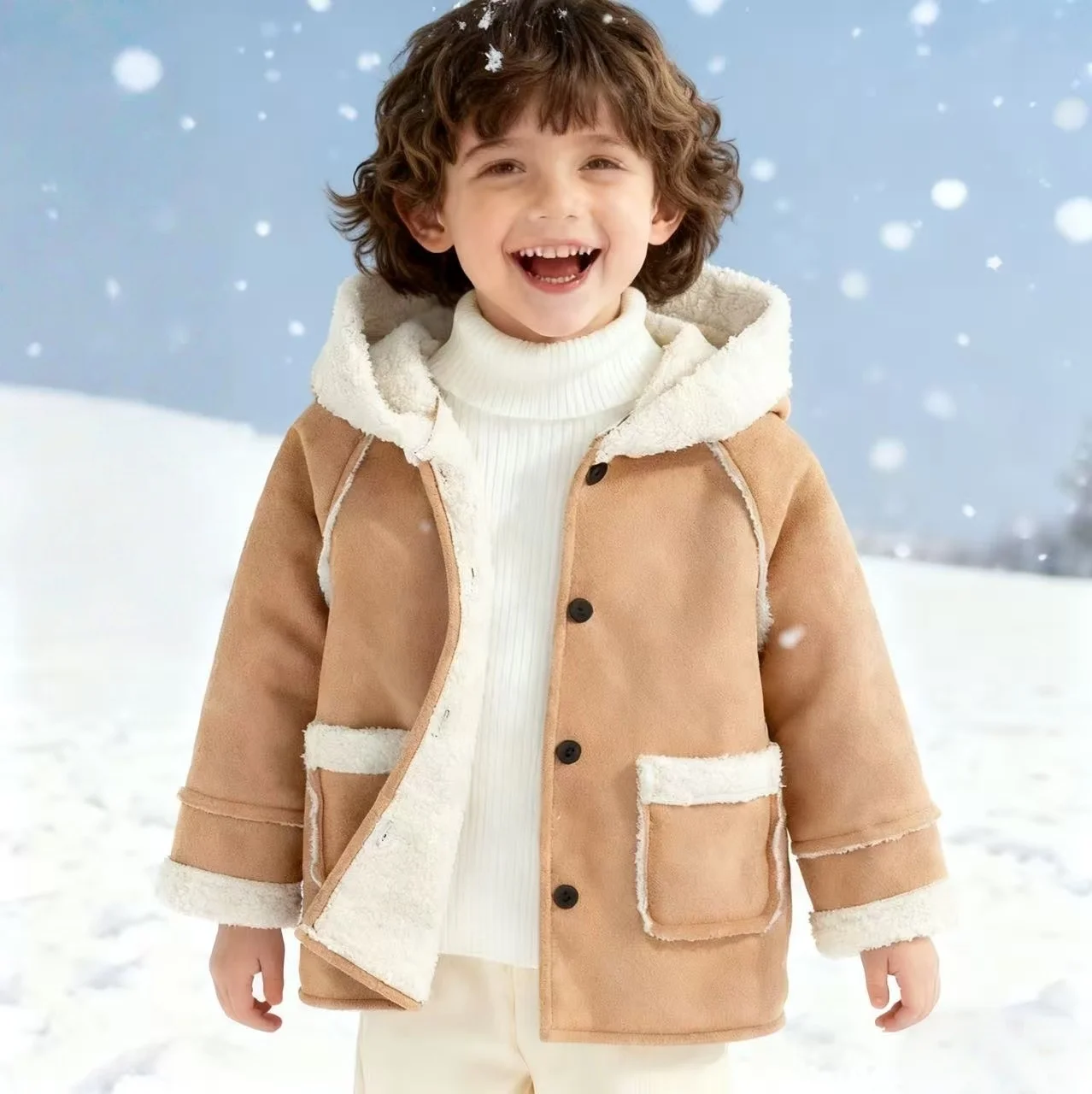 

Boys And Girls Winter Hooded Jacket Thick Coat with Button Pockets Baby Girls Outerwear for Cold Outings Kids Clothing For 2-7Y