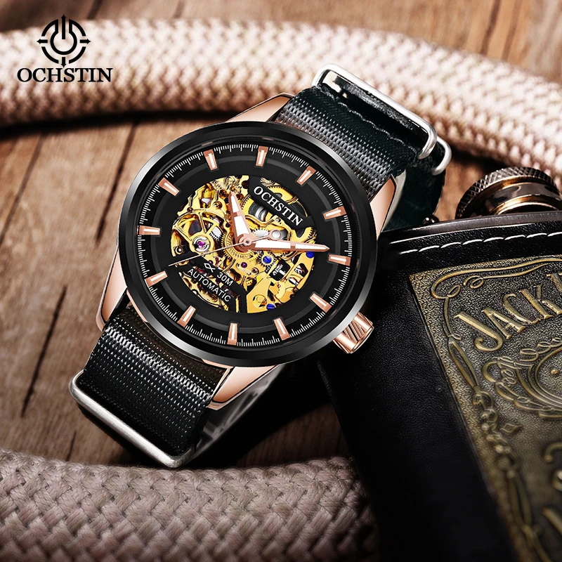 OCHSTIN Men's Premium Skeleton Mechanical Wristwatch Man Long-lasting Waterproof Nylon Strap Daily Multiple Scenarios Clock