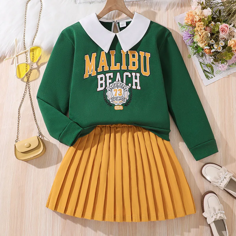 

2024 Clothing Set Girls Long Sleeve Long Sleeve Letter T-shirt Yellow Pleated Skirts 2 Pcs Sets Casual Girls Clothes Set 13-16T