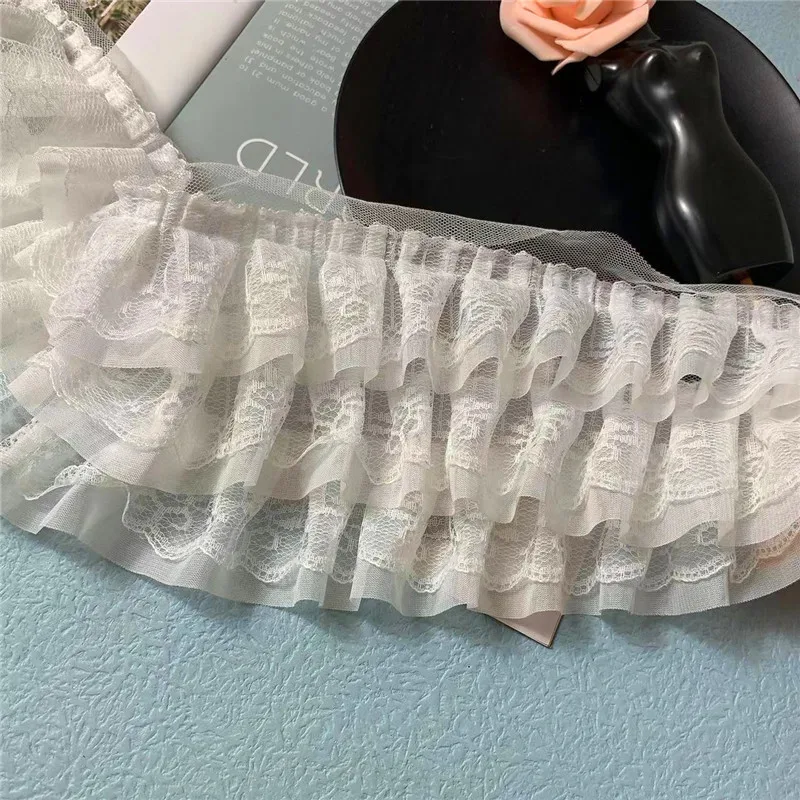 12CM Wide Three Layers White Black Chiffon 3d Pleated Lace Fabric Embroidery Fringe Ribbon Dress Collar Ruffle Trim Sewing Decor