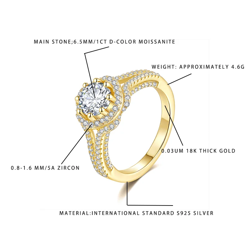 

1CT D-Color 6.5MM Moissanite Ring S925 Silver 18K Gold Plated 5A Zircon Women's Engagement Wedding Jewelry 4.6G