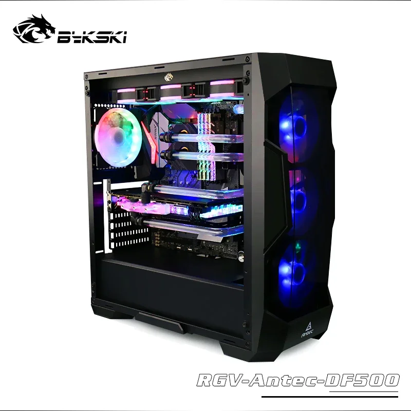 BYKSKI Acrylic Board Water Channel Solution use for Antec DF500 Computer Case for CPU and GPU Block / 3PIN RGB / Combo DDC Pump