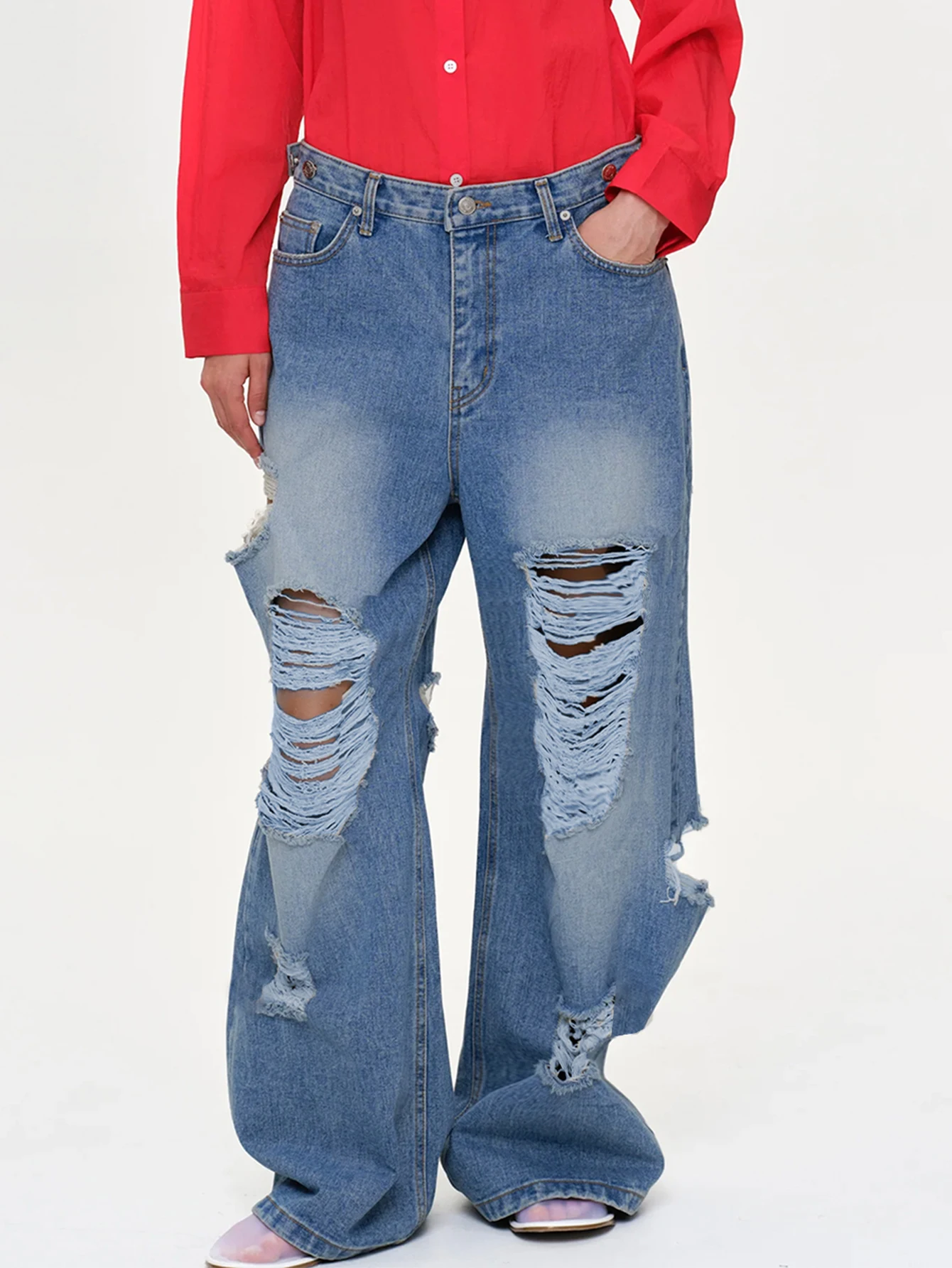 n-style fashion water-washed ripped jeans ladies  casual street wide leg pants pants