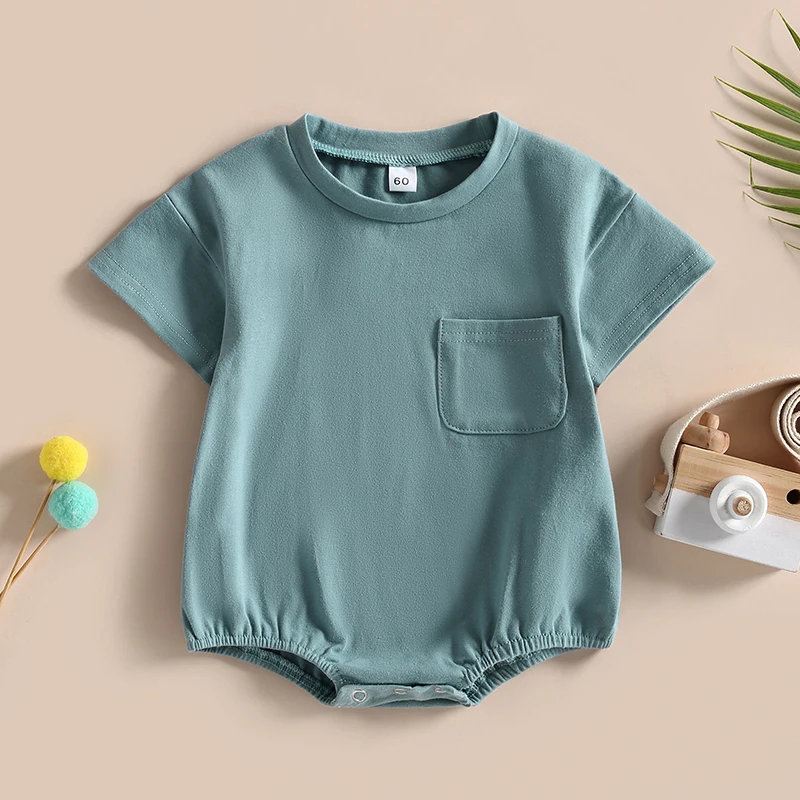 Fashion Baby Boy Girl Solid Color Short Sleeve Pocket Rompers Casual Summer Baby Jumpsuits Clothes Infant Playsuit Clothing