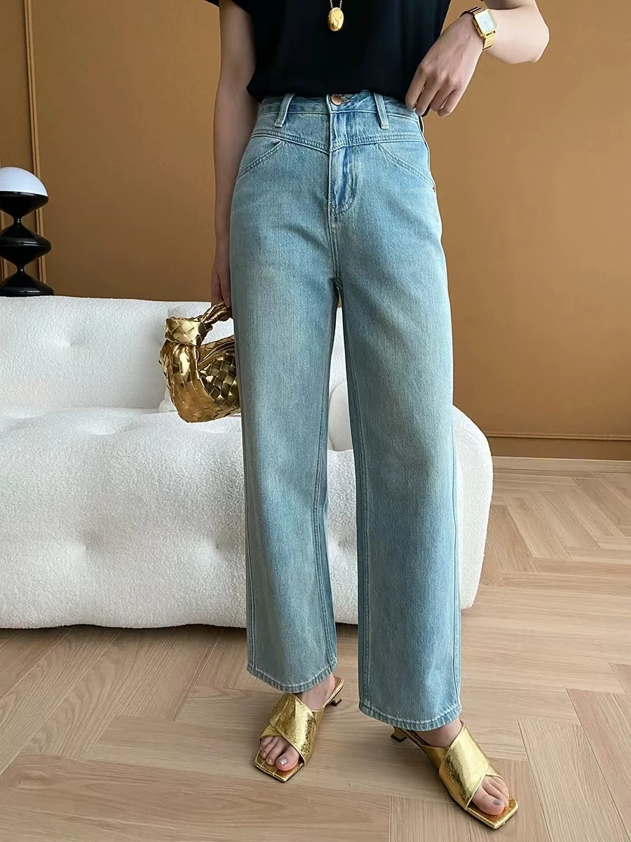 

Free Spirited Patchwork Waist Slimming Straight Leg Jeans Early Spring New Style