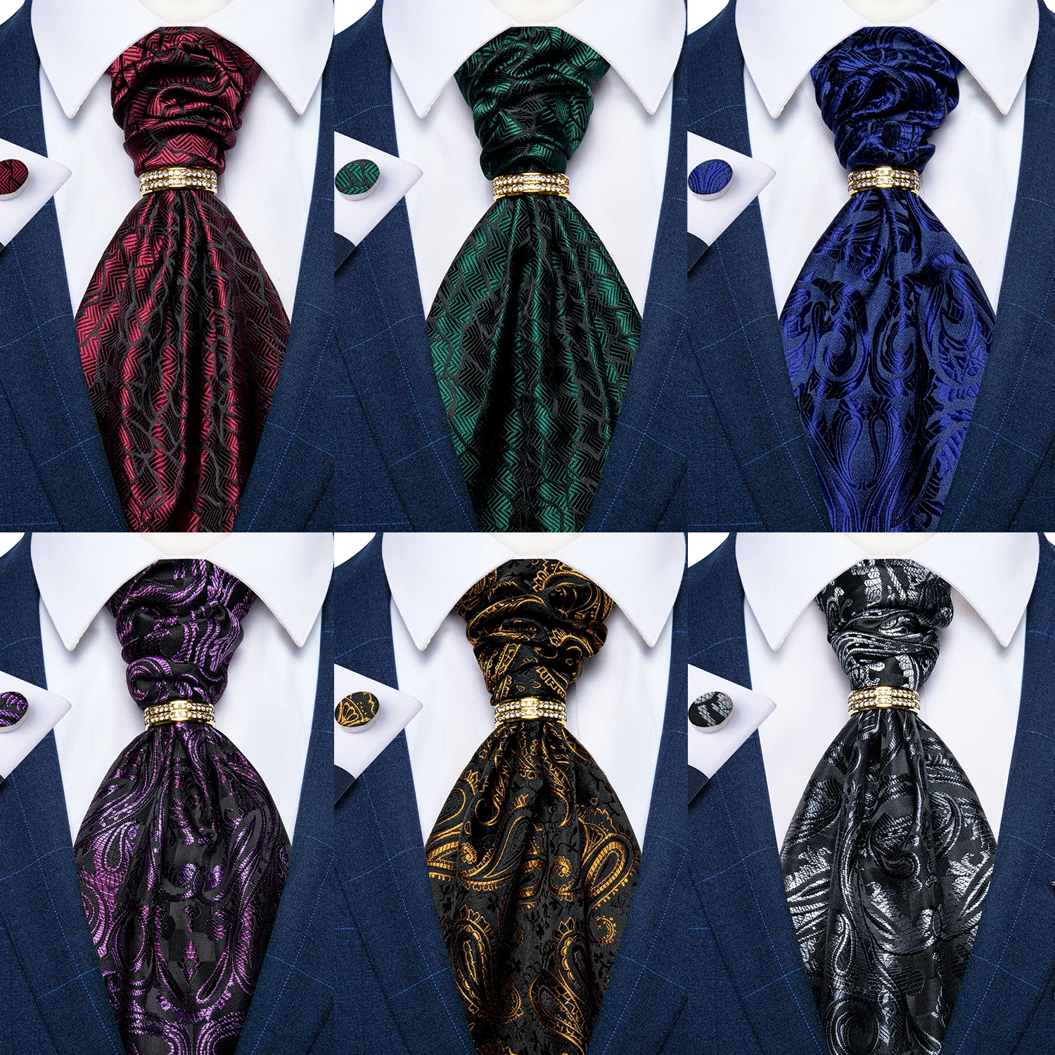 Luxury Men Green Blue Paisley Ascot Tie Set Solid Necktie Ring Wedding Party Cravat Purple Ties Pocket Sqaure Cufflink Free Ship