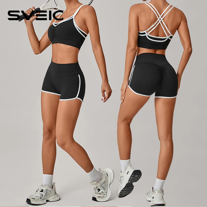 

SVEIC Короткие комплекты для йоги, спортивные бюстгальтеры, искусственные костюмы из двух предметов, спортивная одежда для фитнеса контрастного цвета, спортивная одежда для бега, тренажерного зала, женская одежда