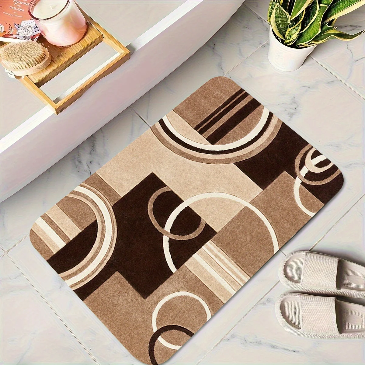 Retro Geometric Entrance Doormat Brown Tone Circle and Square Abstract Graphic Rug Simple Modern Indoor Entry Decor Mat（