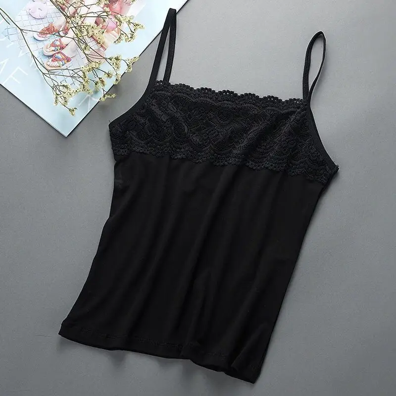Autumn Winter New Style Women's Lace Slim Fit Elastic Strap Vest Black White Inner Wear Outer Wear Trendy Base Top