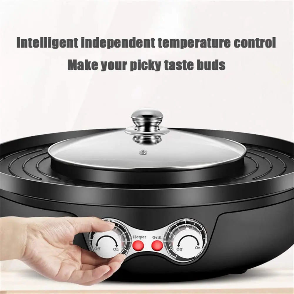 Electric Grill Hot Pot, 2 In 1 Electric Smokeless Barbecue Shabu Hot Pot Separate Pot Plate Base Dual Temperature Control Easy