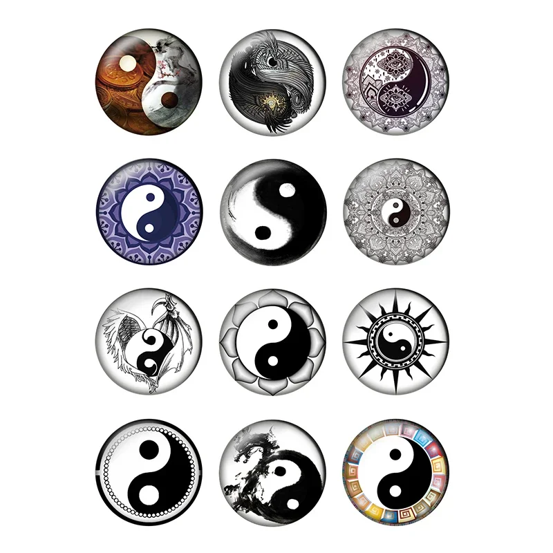 12pcs Yin Yang Tai chi Symboles Round Photo Glass Cabochon 10mm 12mm 14mm 25mm Demo Flat Back DIY Jewelry Making Supplies T042