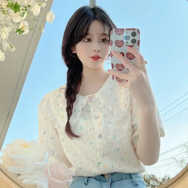 

Floral Bubble Sleeve Short Sleeve Top French Sweet Baby Collar Women