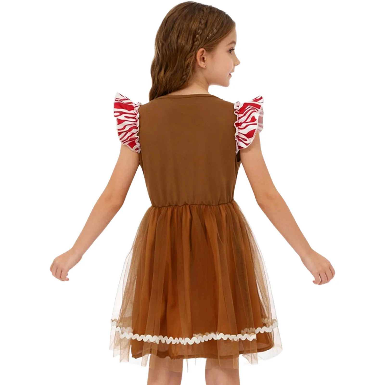 Girls Christmas Gingerbread Man Costume Embroidered Tulle Ruffled Dress Kids Festival Xmas Party Cookies Elf Role Play Dress Up