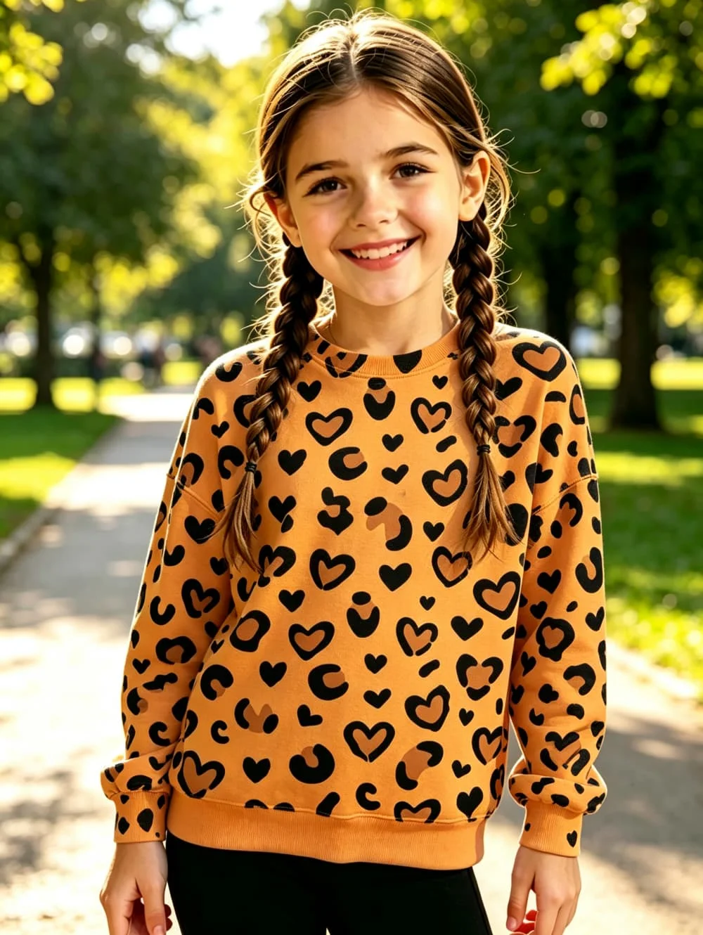 Girl Clothes Leopard Vibrant Love Print Round Neck Sweatshirt Casual Autumn Hoodies Harajuku Tees Y2k Tops Children's Clothing