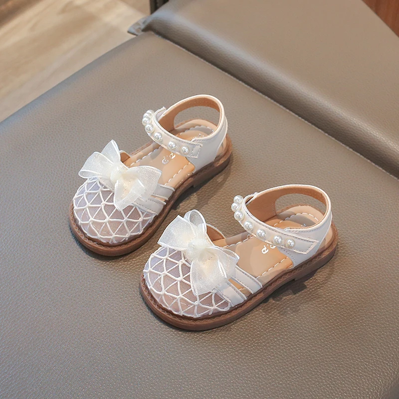 Toddler Girls Beaded Strap Sandals with Cute Bow 2026 New Summer Kids Beach Shoes Non-slip Trendy Princess Girls Party Wedding