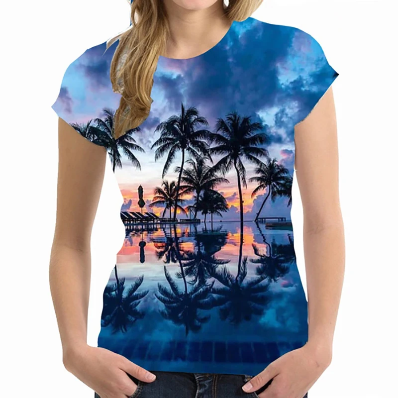 Kaos T-Shirt Kasual Lengan Pendek Ukuran Besar Harajuku Wanita Atasan Pakaian Kaos Hawaii Cetakan 3D Pohon Palem Streetwear Wanita