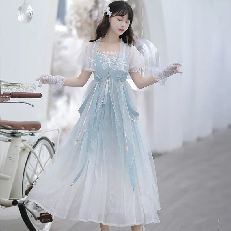 2025 New Vintage Sweet Lolita Chinese Style Dress +Casual Cute Top Elegant Temperament Gradient Color Lolita Dresses 2-piece Set