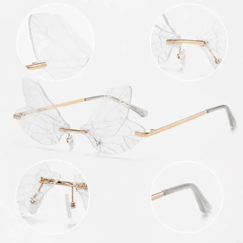 Rimless Sunglasses with Dragonflies Wing Lens Irregular Eyeglasses for Photo Wear 6XDA