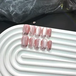 10Pcs Naked Cat Eye Press On Nails Laser Butterfly Decoration Fake Nails Short Full Cover False Nail Wearable Manicure Nail Tips
